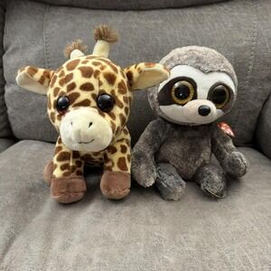 Ty Beanie Boo Peaches Giraffe and Dangler Sloth Plush Set Glitter Eyes Small Toy